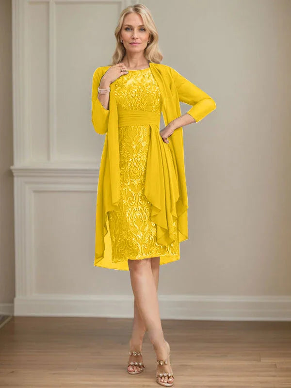 Etui/Säulenförmiges Kleid mit Illusion, knielang, aus Spitze und Chiffon, Brautmutterkleid mit herabfließenden Rüschen und Pailletten