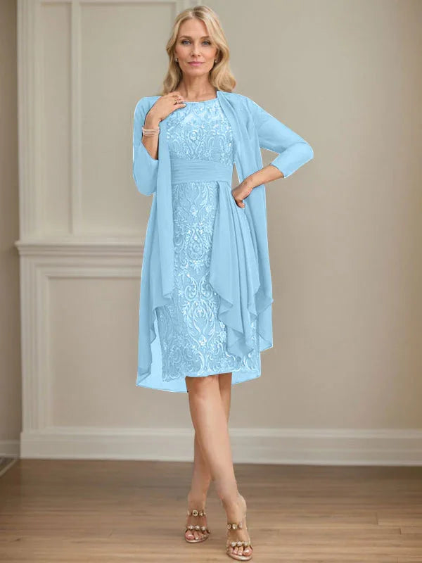 Etui/Säulenförmiges Kleid mit Illusion, knielang, aus Spitze und Chiffon, Brautmutterkleid mit herabfließenden Rüschen und Pailletten