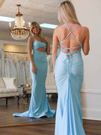 Light Blue Satin Mermaid Dress With Scoop Neck Cutout And Spaghetti Straps Prom