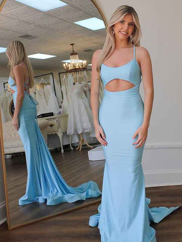 Light Blue Satin Mermaid Dress With Scoop Neck Cutout And Spaghetti Straps Prom