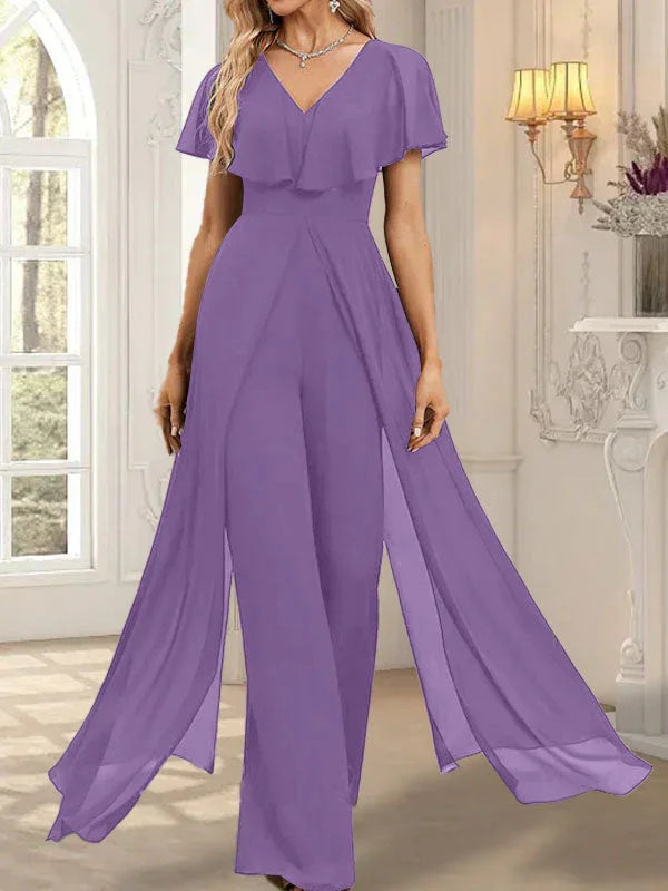 Tuta elegante da sera in chiffon, scollo a V, lunghezza fino al pavimento