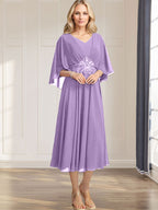 A-line V-Neck Tea-Length Chiffon Mother of the Bride Dress With Pleated Sequins Appliques Lace Beadind