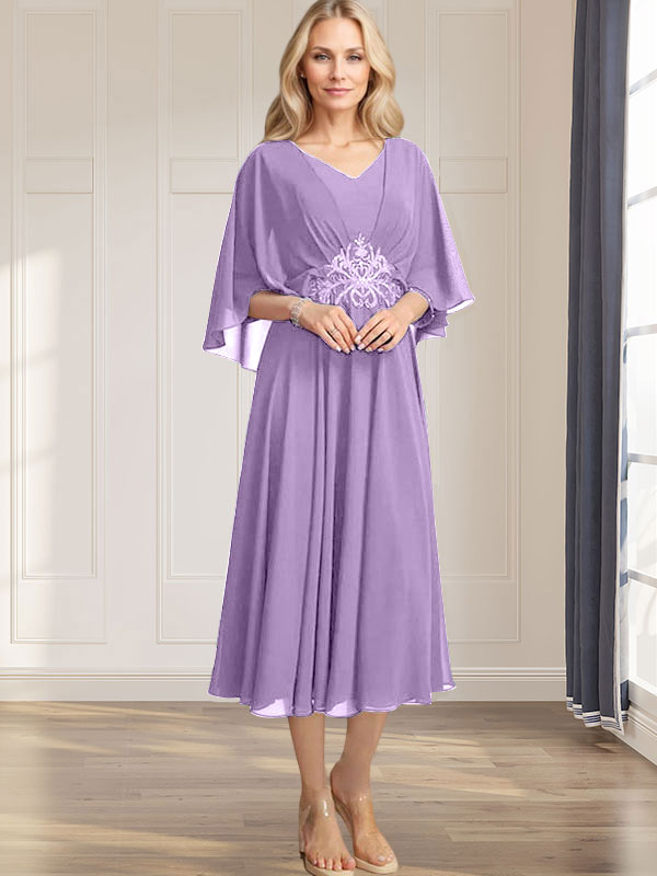 A-line V-Neck Tea-Length Chiffon Mother of the Bride Dress With Pleated Sequins Appliques Lace Beadind