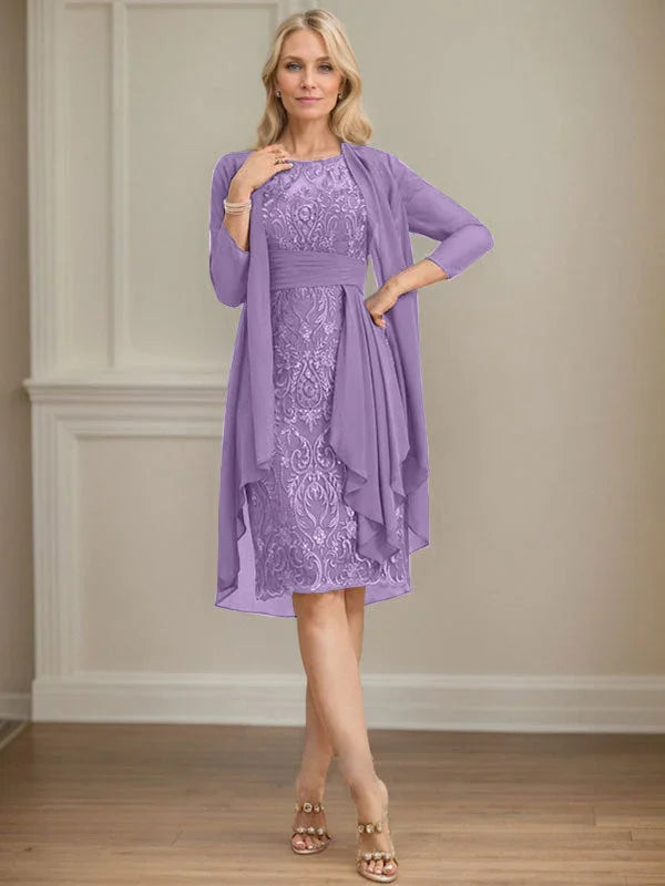 Etui/Säulenförmiges Kleid mit Illusion, knielang, aus Spitze und Chiffon, Brautmutterkleid mit herabfließenden Rüschen und Pailletten