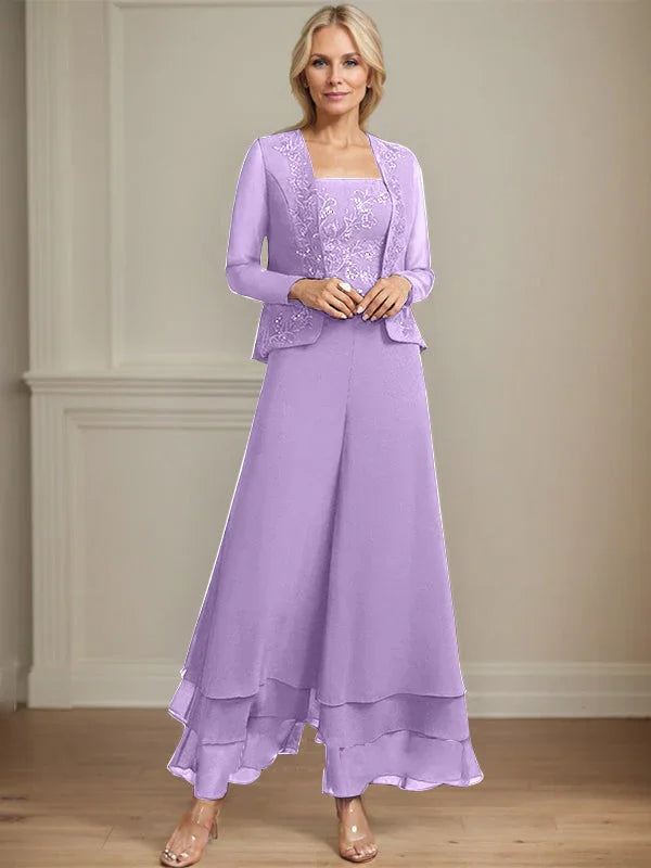 Getrennter Overall/Hosenanzug mit quadratischem Ausschnitt, knöchellang, aus Spitzenchiffon, Brautmutterkleid mit Pailletten