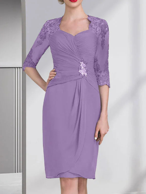 Vestido de madrina de novia de gasa con apliques de cuentas, encaje, lentejuelas y pliegues, largo hasta la rodilla, corte tubo y columna, con escote corazón
