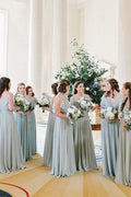Hellblaues Chiffon A-Linie V-Ausschnitt Brautjungfernkleid, Hochzeitspartykleid