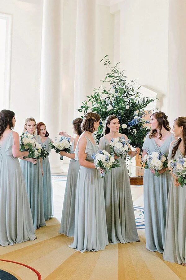 Hellblaues Chiffon A-Linie V-Ausschnitt Brautjungfernkleid, Hochzeitspartykleid