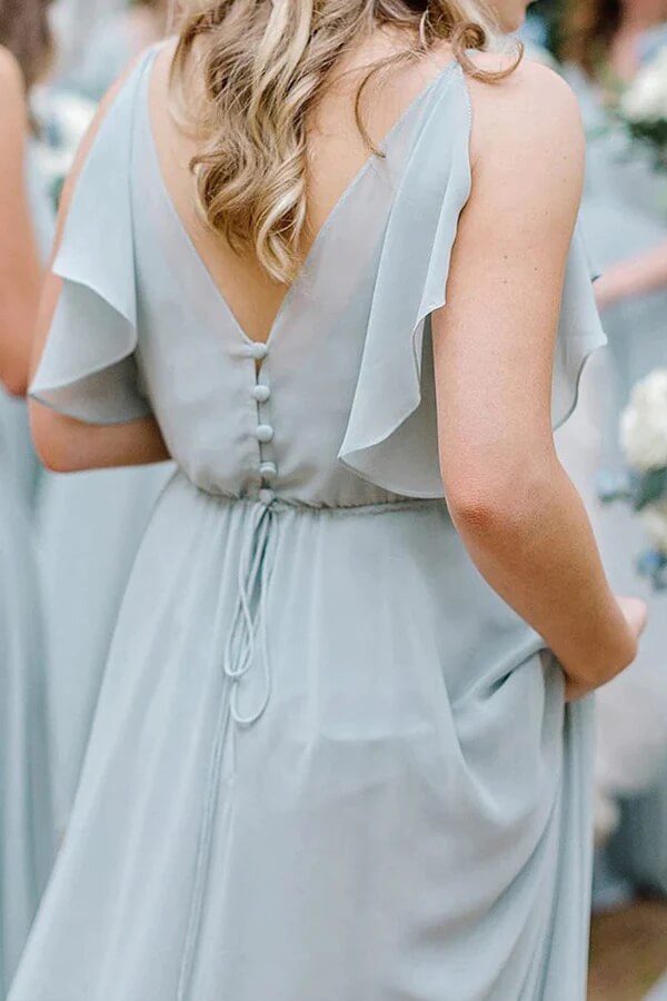Hellblaues Chiffon A-Linie V-Ausschnitt Brautjungfernkleid, Hochzeitspartykleid