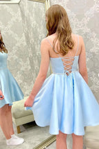 Robes d'été bleu clair en satin pas chères, robes courtes de fête perlées