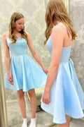 Robes d'été bleu clair en satin pas chères, robes courtes de fête perlées