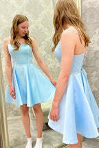 Robes d'été bleu clair en satin pas chères, robes courtes de fête perlées