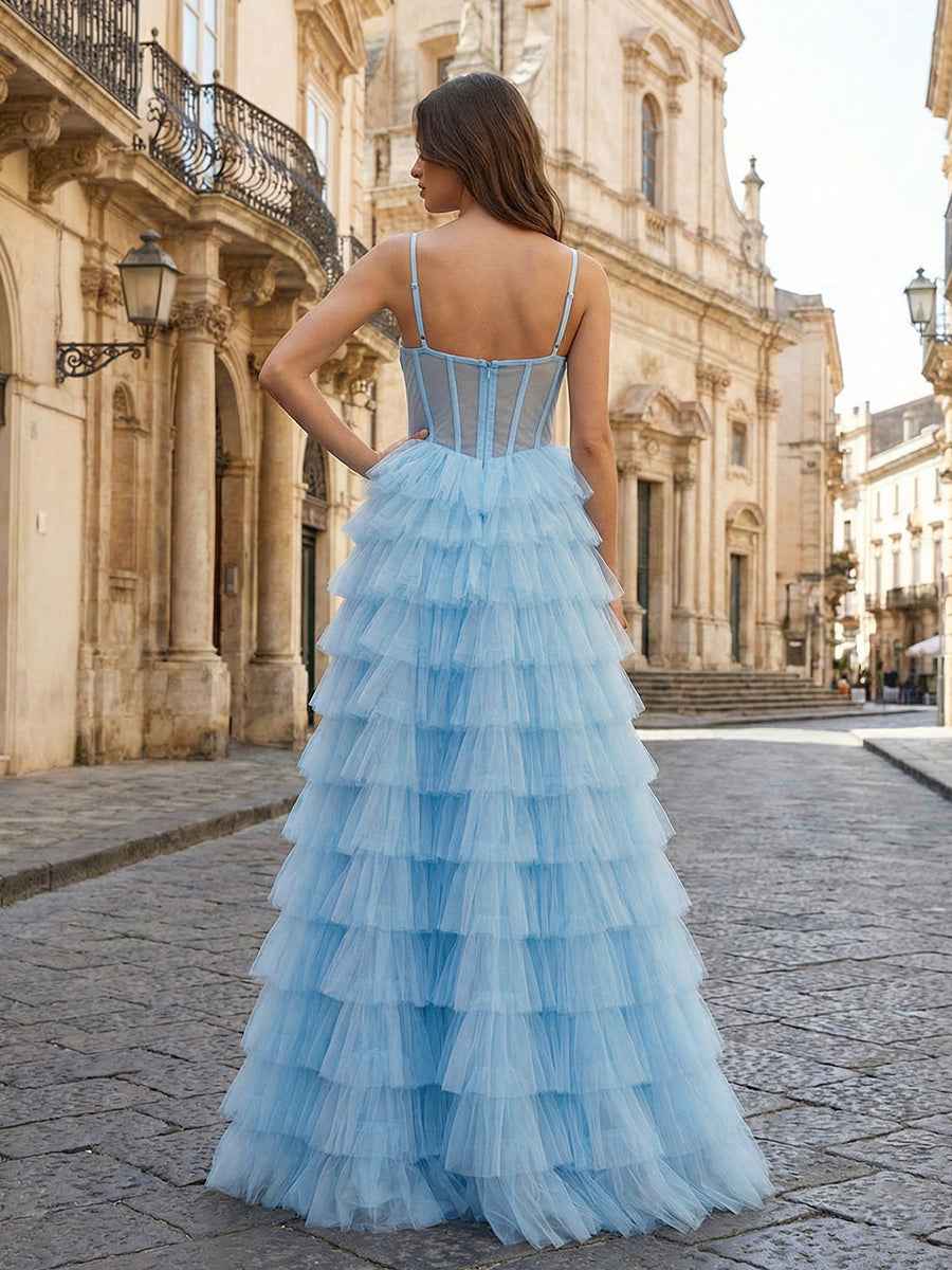 Vestido de baile azul claro com espartilho de tule em camadas corpete decote em coração