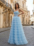 Vestido de baile azul claro com espartilho de tule em camadas corpete decote em coração