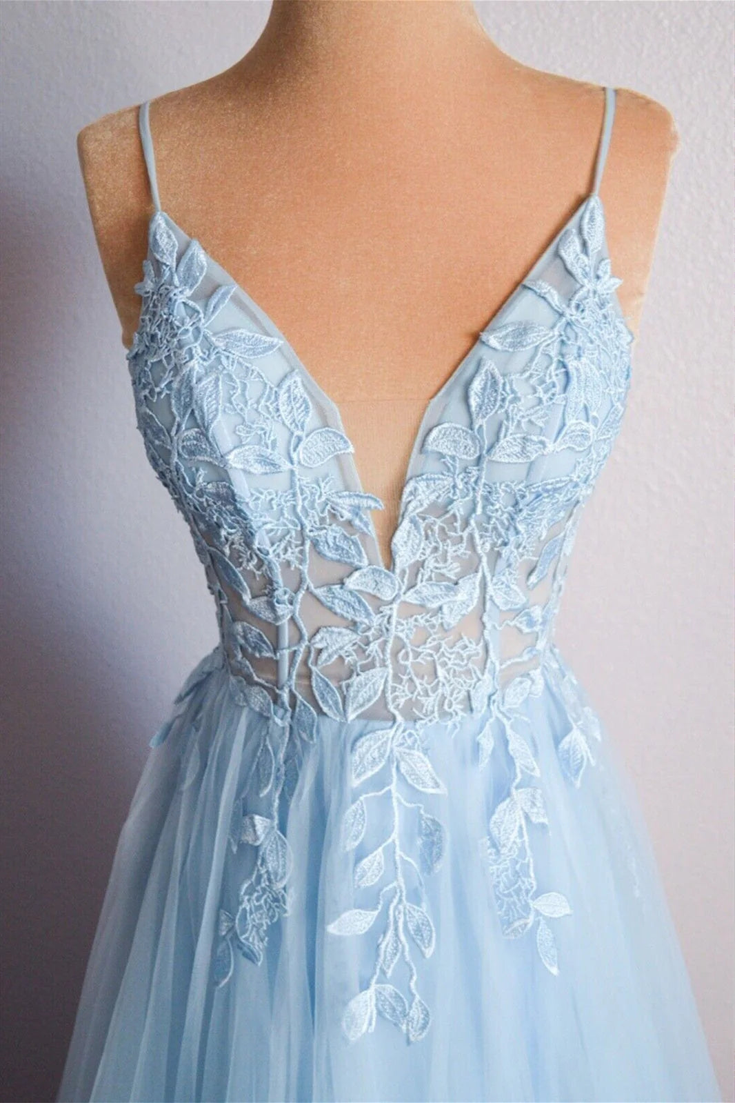 Light Blue V Neck Lace-Up Appliques Tulle Long Prom Dress Evening Dress