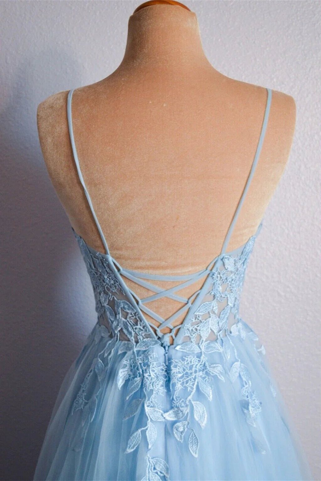 Light Blue V Neck Lace-Up Appliques Tulle Long Prom Dress Evening Dress