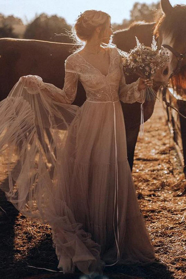 Robe de mariage bohème à manches longues couleur brun clair Robe de mariage rustique