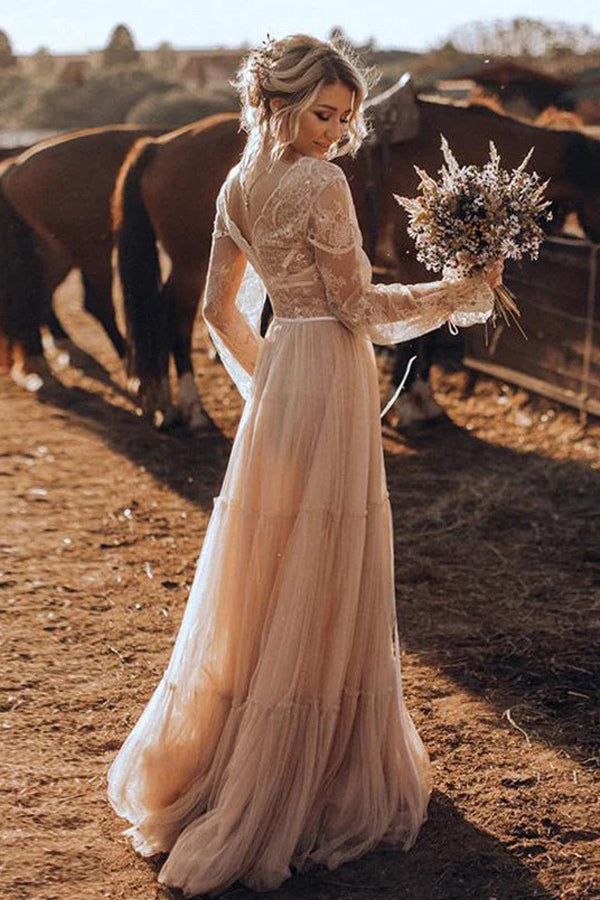 Robe de mariage bohème à manches longues couleur brun clair Robe de mariage rustique