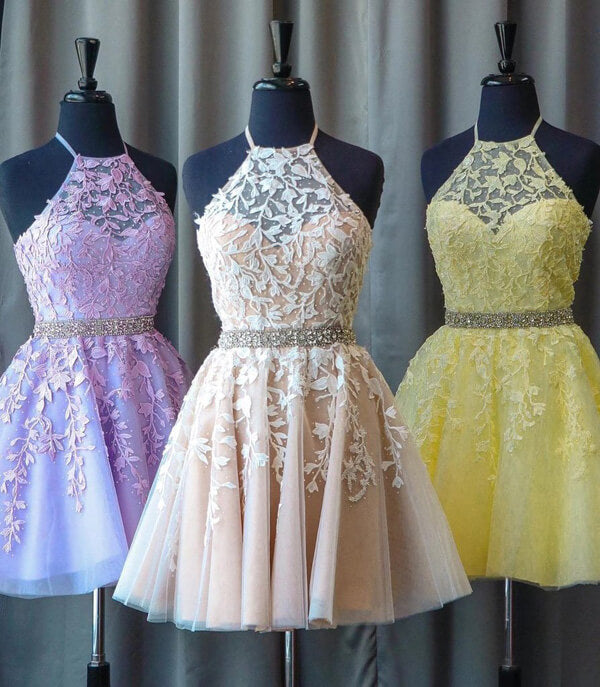 Robes de bal de fin d'année à col haut en dentelle jaune clair perlée, coupe évasée