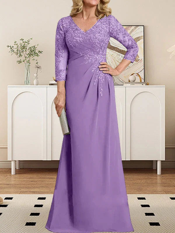 Vestido de madrina de novia con escote en V ilusión, corte columna, largo hasta el suelo, de encaje y gasa con lentejuelas plisadas