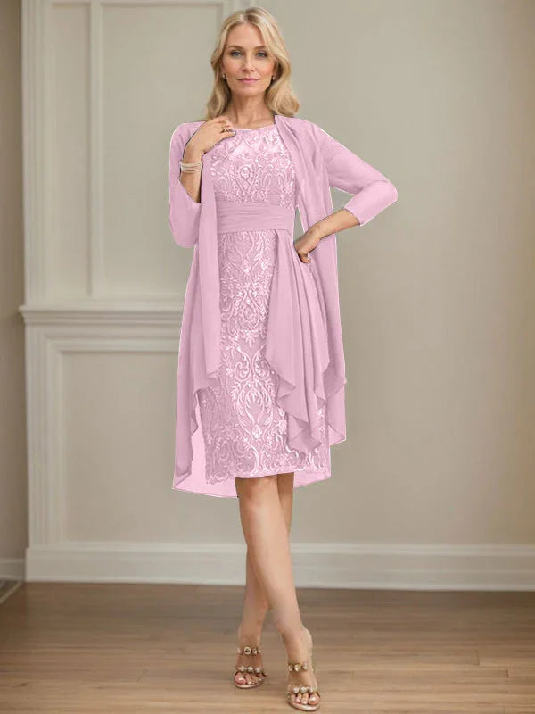 Etui/Säulenförmiges Kleid mit Illusion, knielang, aus Spitze und Chiffon, Brautmutterkleid mit herabfließenden Rüschen und Pailletten
