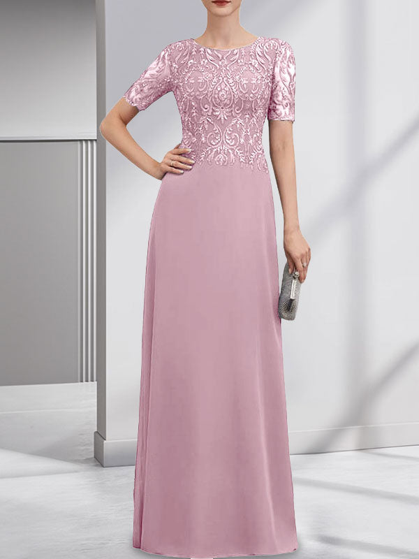 A-line Scoop Floor-Length Lace Chiffon Mother of the Bride Dress With Sequins