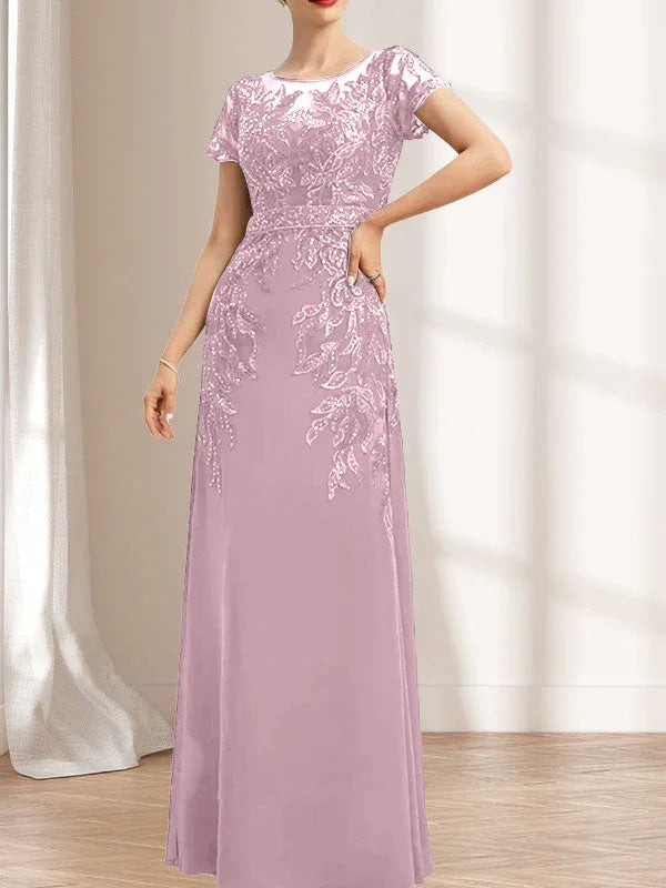 Vestido de madrina de novia con ilusión, corte columna y fajín, largo hasta el suelo, de encaje y gasa con lentejuelas