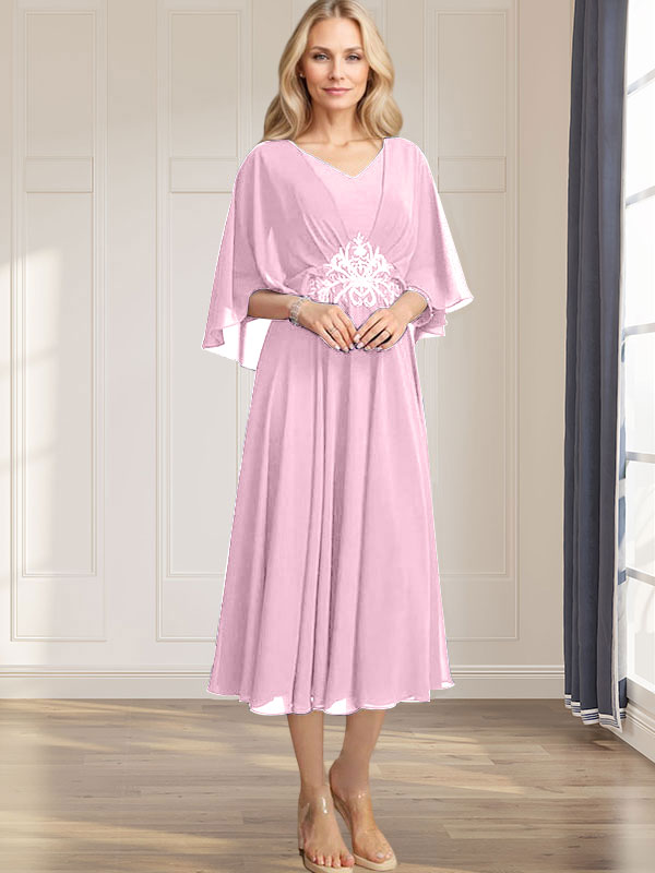 A-line V-Neck Tea-Length Chiffon Mother of the Bride Dress With Pleated Sequins Appliques Lace Beadind