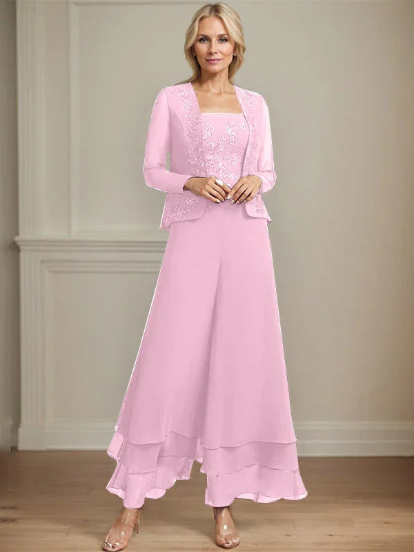 Getrennter Overall/Hosenanzug mit quadratischem Ausschnitt, knöchellang, aus Spitzenchiffon, Brautmutterkleid mit Pailletten