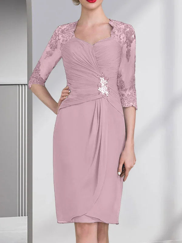 Vestido de madrina de novia de gasa con apliques de cuentas, encaje, lentejuelas y pliegues, largo hasta la rodilla, corte tubo y columna, con escote corazón