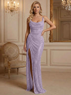 Silver Sequin Cowl Neck Ruched Long Prom Dress With High Slit