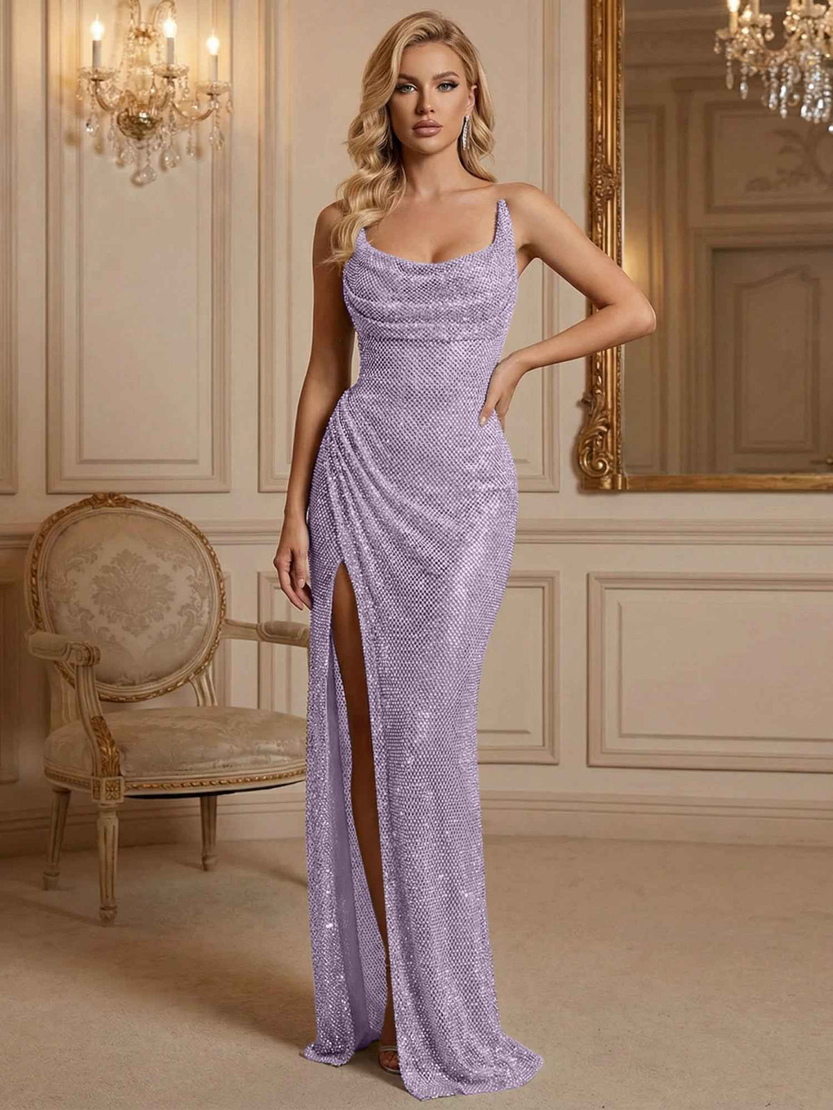 Silver Sequin Cowl Neck Ruched Long Prom Dress With High Slit