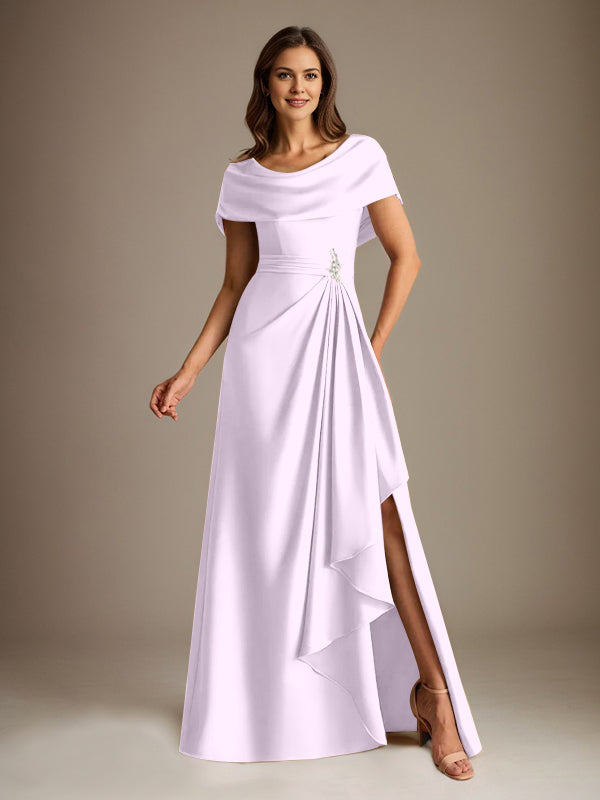A-Line Scoop Floor-Length Stretch Satin Mother of the Bride Dress With Cascading Ruffles