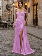 Emerald Green Beaded Satin Corset Long Prom Dress With Sheer Bodice