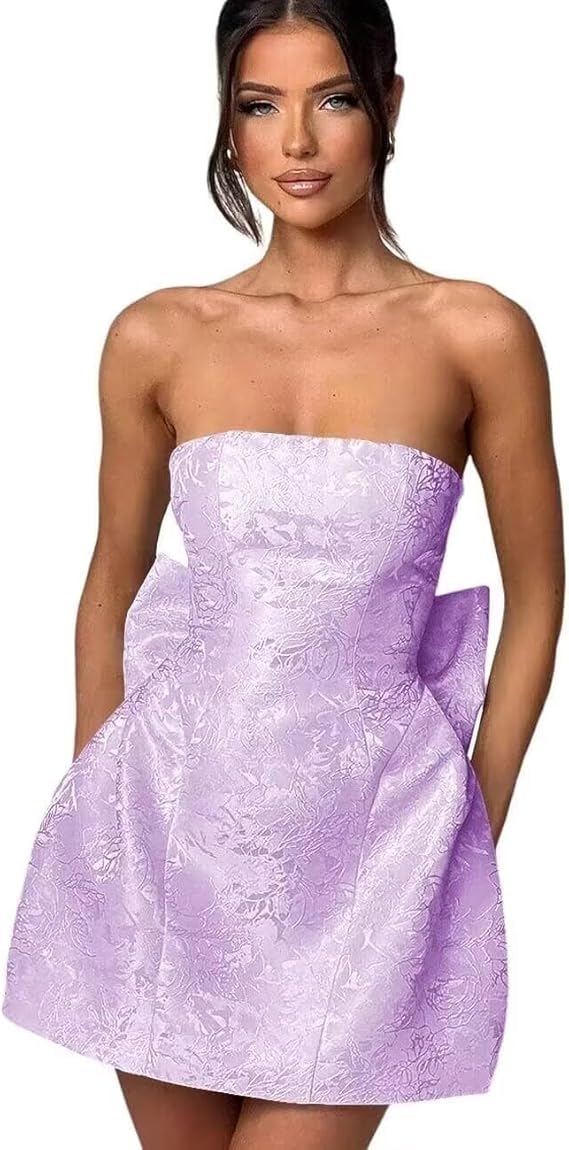Robe courte de bal bustier pour retour à la maison, robe de fête sans manches à laçage en satin jacquard avec nœud