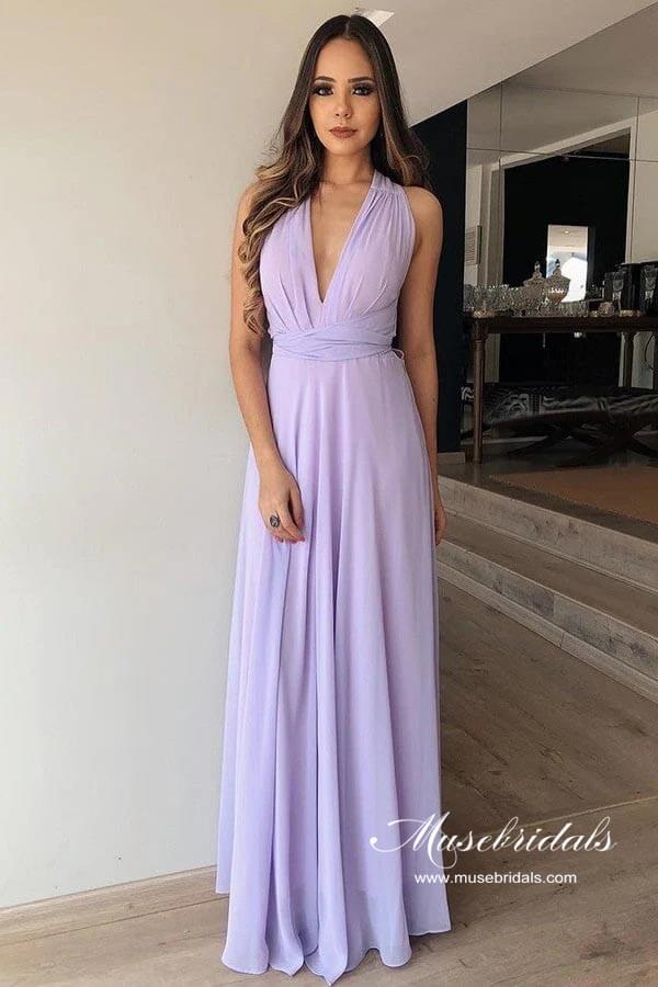 Robe de demoiselle d'honneur simple en mousseline lilas, coupe évasée, col en V, longueur au sol