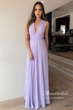 Robe de demoiselle d'honneur simple en mousseline lilas, coupe évasée, col en V, longueur au sol