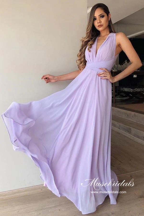 Robe de demoiselle d'honneur simple en mousseline lilas, coupe évasée, col en V, longueur au sol