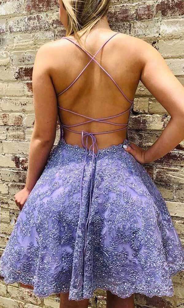 Vestidos Curtos de Regresso a Casa com Alças Finas, Corte em A, Renda Lilás e Contas