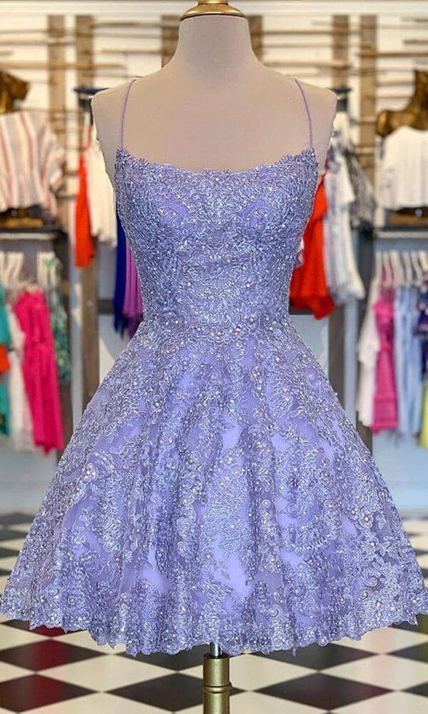 Vestidos Curtos de Regresso a Casa com Alças Finas, Corte em A, Renda Lilás e Contas