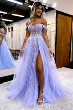 Tüll A-Linie Off Shoulder Lange Ballkleider mit Spitzenapplikationen,