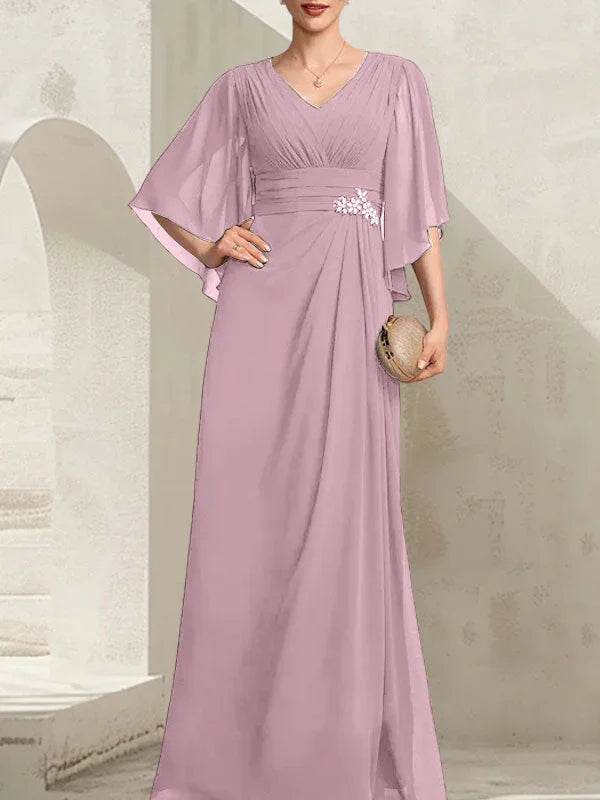 Vestido de madrina de novia de gasa largo hasta el suelo, corte columna y escote en V, con lentejuelas plisadas y abalorios