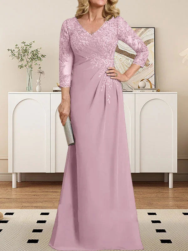 Vestido de madrina de novia con escote en V ilusión, corte columna, largo hasta el suelo, de encaje y gasa con lentejuelas plisadas