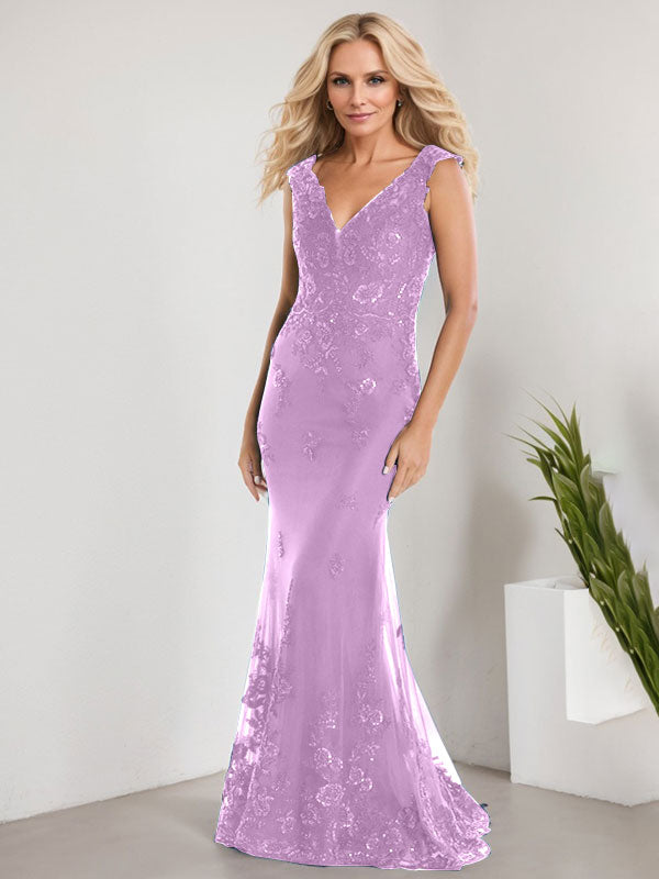 A-line V-Neck Floor-Length Lace Chiffon Mother of the Bride Dress With Applique Sequins Mermaid Dresses