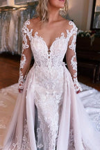 Vestido de Noiva Sereia com Mangas Compridas e Sobressaia
