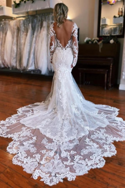 Vestido de Noiva Sereia com Mangas Compridas e Sobressaia