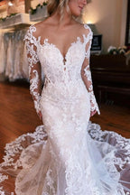 Vestido de Noiva Sereia com Mangas Compridas e Sobressaia