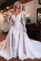 Vestido de Noiva Sereia com Mangas Compridas e Sobressaia