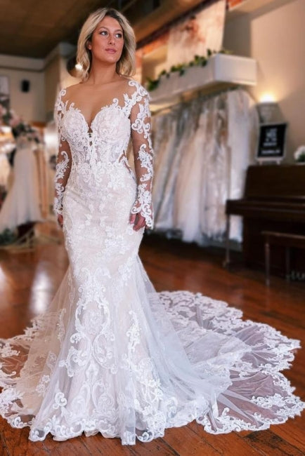 Vestido de Noiva Sereia com Mangas Compridas e Sobressaia