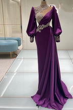 Vestidos de Baile de Cetim com Cauda de Sereia, Gola Alta e Mangas Compridas, Elegantes